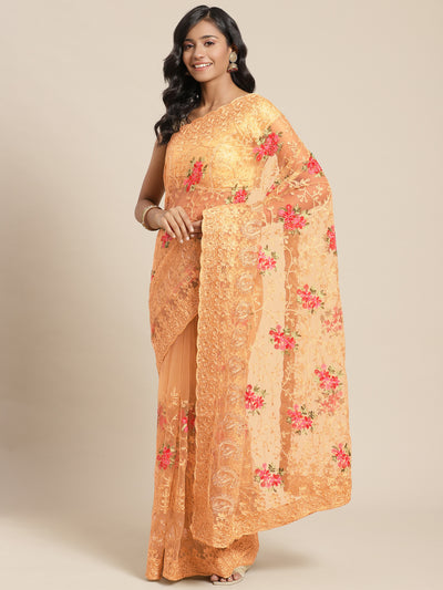 Chhabra 555 Resham Embroidered Saree with Scalloped border, Zari paisleys and crystal Embellishments

Color: Peach

Type: NA Sarees

Pattern: Embroidered

Pattern Type: Paisley

Ornamentation: Schiffli

Border: Embroidered

Fabric: Net

Saree: 5.35mtr., Width: 1.10 mtr, Blouse: 0.80 mtr
Dry Clean Only

The CAD image gives a detailed look of the actual blouse piece that comes with this saree. The blouse used by the model in the pictures is only for styling purpose.
