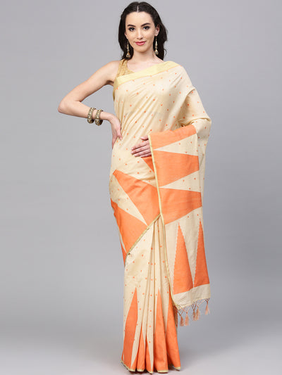 Chhabra 555 Beige and Orange Chanderi Silk Handloom, Hand Woven, Tample, Banarasi Zari Woven Border Saree  