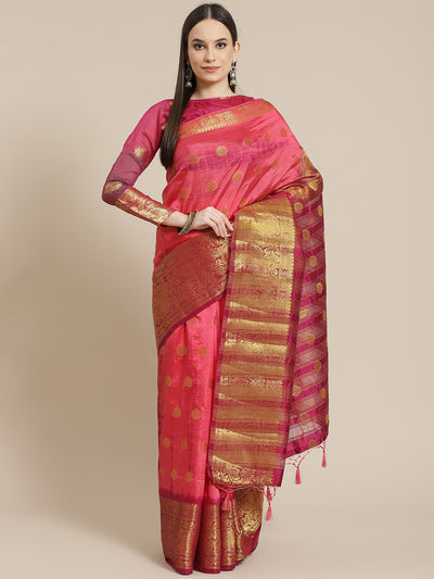 Chhabra 555 Pink & Magenta Bandhani Dyed saree with Zari Brocade Weaving border

Color: Pink & Magenta

Type: Banarasi Sarees

Pattern: Woven Design

Pattern Type: Tie and Dye

Ornamentation: Zari

Border: Woven Design

Fabric: Art Silk

Saree length: 5.30 mtr., Width: 1.10 mtr, Blouse length: 0.85 mtr
Dry Clean only

The CAD image gives a detailed look of the actual blouse piece that comes with this saree. The blouse used by the model in the pictures is only for styling purpose.