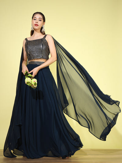 Chhabra 555 Made-to-Measure Navy Blue Heavy Sequence Embellished Top With Long Cape Sleeves & Flared Palazzo Set