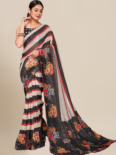 Chhabra 555 Multi Color Striped & Floral Digital Print Saree With Allover Sequence Embroidery