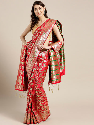 Chhabra 555 Red Banarasi Handloom Silk Saree with Floral Meenakari pattern and Banarasi Dupatta