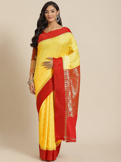 Chhabra 555 Yellow Handloom Bengali Style Gadwal Saree With Paisley Motifs & Red Broad Border 