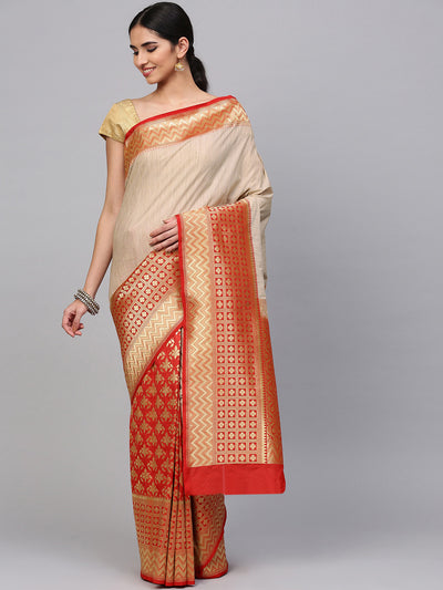 Chhabra 555 Beige and Red Banarasi Silk Handloom, Hand Woven,Floral, Motifs Banarasi Zari Weav Border Pattern Saree  