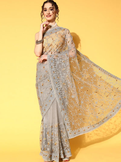 Chhabra 555 Embellished Summer Net Saree with Pleated Border & Resham Thread Embroidery