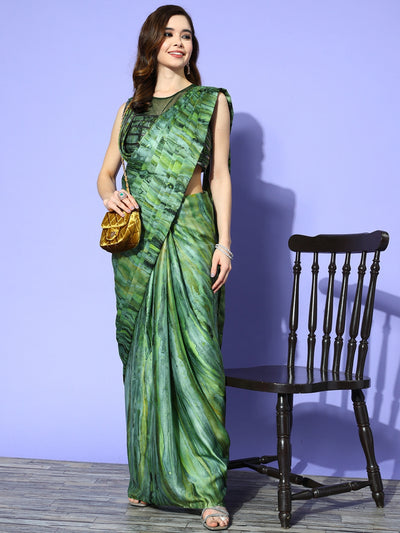 Chhabra 555 Made to Measure Green Ombre Marble Prints Draped Saree With Applique Embellished Blouse