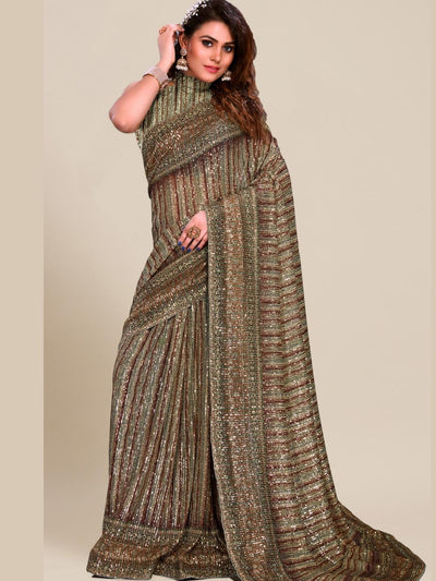 Chhabra 555 Striped Digital Print Saree with Sequin Embroidery on Flowy Stretch Georgette