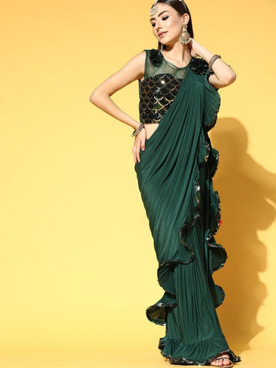 Chhabra 555 Bottle Green Pre-Draped Ruffled Ready to Wear Saree with Sequin Embroidery