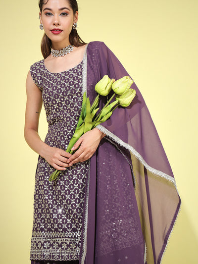 Chhabra 555 Made-to-Measure Purple Sequence & Zari Embroidered Embellished Kurta Sharara With Dupatta Set 