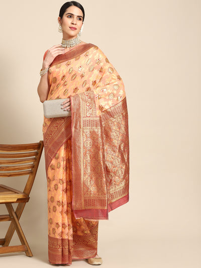 Chhabra 555 Peach Banarasi Floral Resham & Zari Woven Silk Saree With Contrast Red Border Blouse