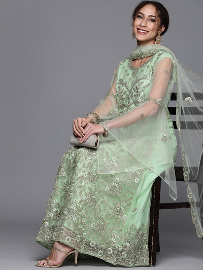 Chhabra 555 Semi-Stitched Pista Green Embroidered Floor Length Net Gown,Dupatta & Flared Sleeves 