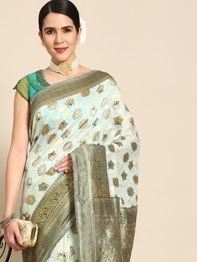 Chhabra 555 Pastel BlueBanarasi Floral Resham & Zari Woven Silk Saree With Contrast  Border Blouse