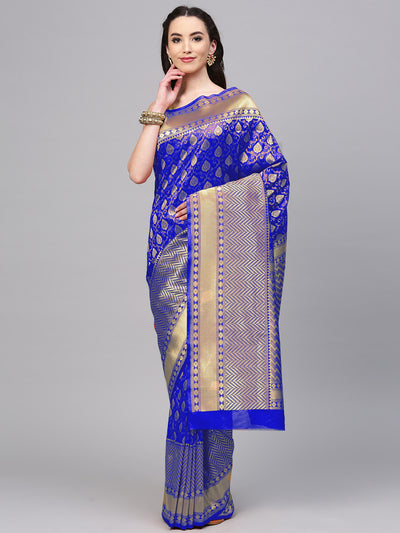 Chhabra 555 Blue Banarasi Handloom Silk Saree with intricate zari woven floral motifs
