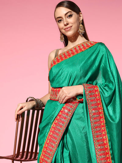 Chhabra 555 Teal Green Bhagalpuri Silk Belted Saree With Sequin Embellished Contrast Border & Blouse 