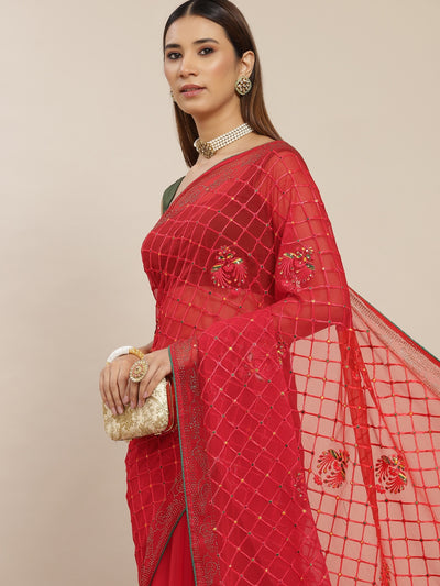 Chhabra 555 Red Resham Embroidered Georgette Saree With Contrast Dupion Blouse