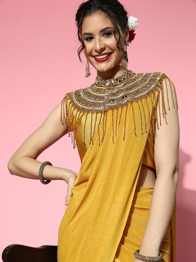 Chhabra 555 Pre-Draped Mustard Lycra Saree with Mirror Embellished Tassled Necklace Style Cape