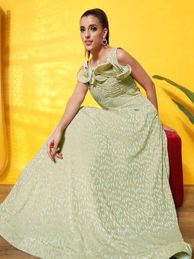 Chhabra 555 Textured Flowy Cocktail Gown with Structured Ruffled Yoke and Assymetrical Straps