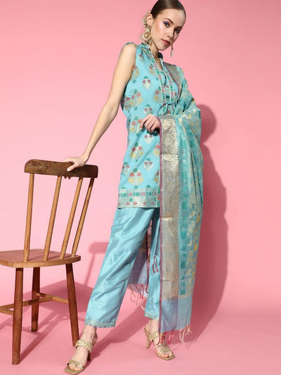 Chhabra 555 Made-to-Measure Banarasi Handloom Turquoise Crop top Pant Set With Jacket