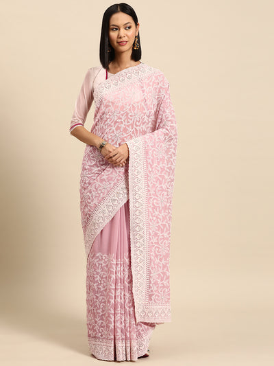 Chhabra 555 Summer Pink Thread Chicken Embroidered Georgette Party Wear Saree With Cutwork Border