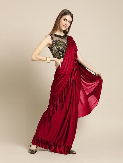 Chhabra 555 Red Bright Ruffled Draped Pre-Stitched Frills Lycra Saree with Gold Metallic Blouse