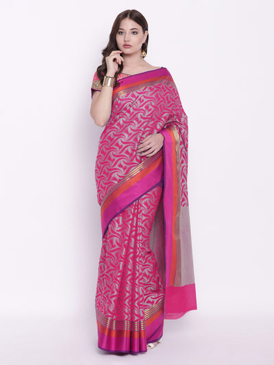 Chhabra 555 Pink Handloom Zari Banarasi Silk Saree with Contrast Pink and Orange Borders