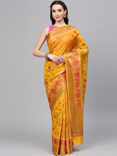 Chhabra 555 Yellow Chanderi Silk Handloom, Hand Woven,Floral, Meenakari Banarasi Zari Weav Border Saree  