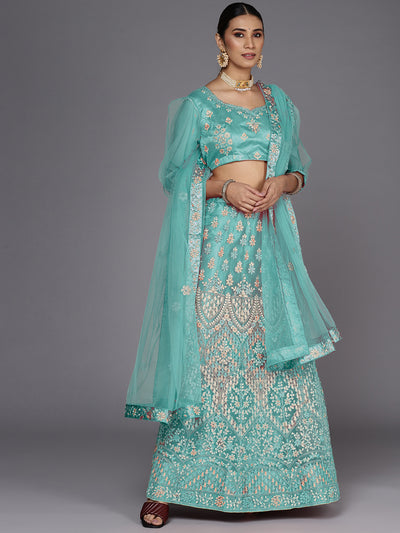 Chhabra 555 Semi-stitched Turquoise Blue Zari & Resham Floral Embroidered Net Lehenga Choli Set