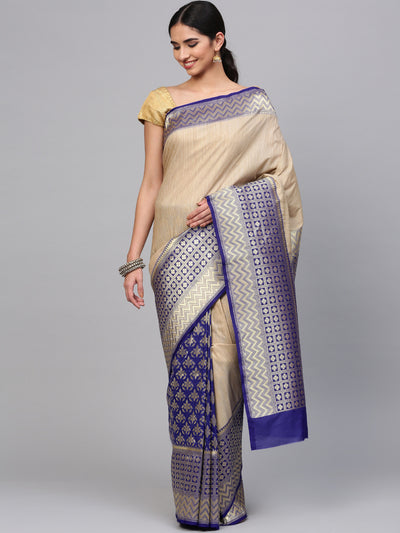 Chhabra 555 Beige and Blue Banarasi Silk Handloom, Hand Woven,Floral, Motifs Banarasi Zari Weav Border Pattern Saree  