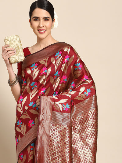 Chhabra 555 Maroon Banarasi Floral Meenakari Resham & Oxidised Zari Woven Embellished Silk Saree