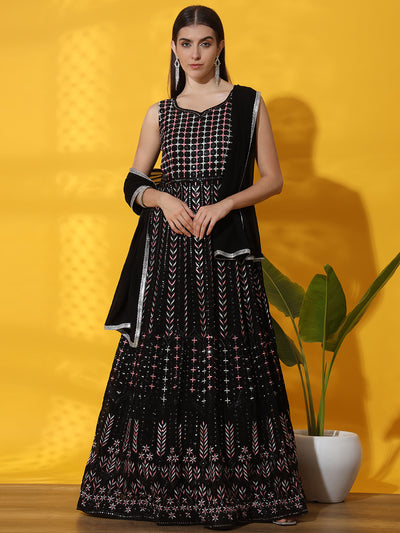 Chhabra 555 Black Multicolor Resham Embroidered Georgette Anarkali Gown with Crystal Embellishments