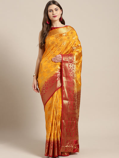 Chhabra 555 Yellow Red Gharchola pattern Banarasi Saree with Zari woven floral motifs