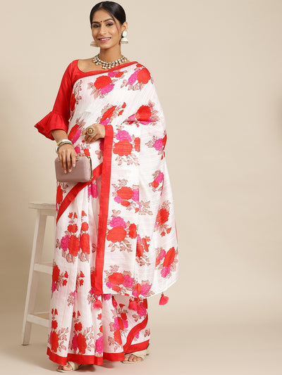 Chhabra 555 Cream Summerish Floral Chanderi Digital Printed Saree Embellished With Tassels