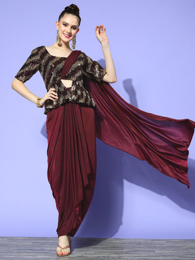 Chhabra 555 Sequin Embellished Peplum Style Saree with Attached pallu & Structured Pre- Draped Skirt