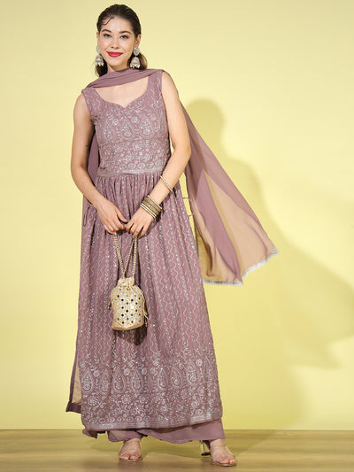Chhabra 555 Made to Measure Mauve Resham Embroidered & Sequence Embellished Georgette Nayra Cut Pleated Suit With Flared Palazzo Dupatta Set