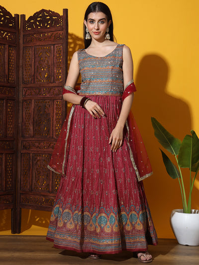 Chhabra 555 Foil Print & Crystal Embellished Anarkali Gown with Accordian Pleats & Multicolor Motifs