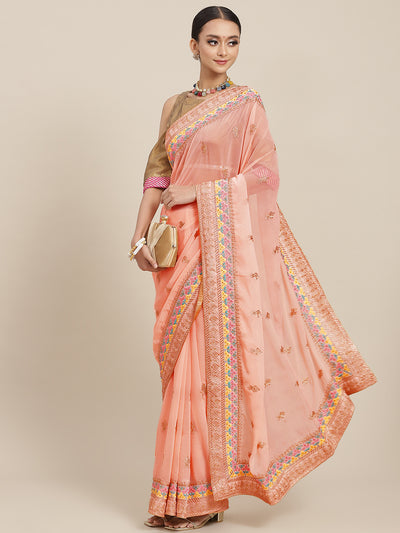 Chhabra 555 Pastel Peach Resham Thread Embroidery & Crystal Embellished Georgette Saree