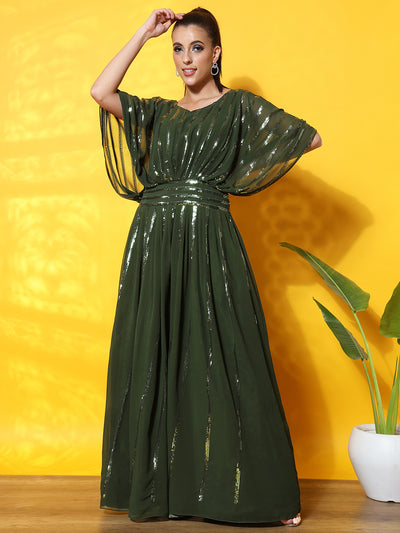 Chhabra 555 Made-to-Measure Green Sequence Stripes Embellished Georgette Gown Dress