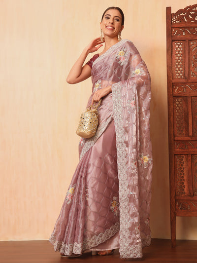 Chhabra 555 Floral Resham Embroidered & Sequence Embellished Saree with Scalloped Cutwork Border