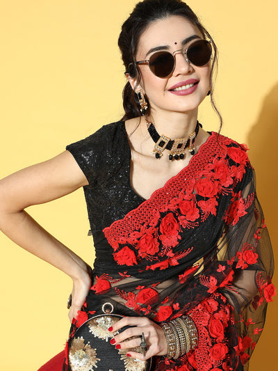 Chhabra 555 Black Tulle Resham Embroidered & Pearl Embellished Floral Saree