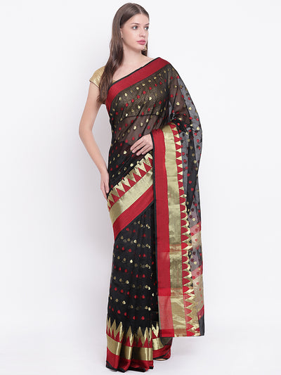 Chhabra 555 Traditional Black Handloom Chanderi Saree with Red and Gold Zari Design