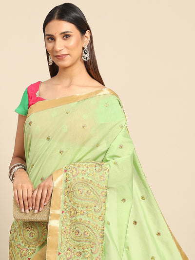 Chhabra 555 Pista Green Paisley Resham Thread Embroidery Cotton Tussar Saree with Zari Border 