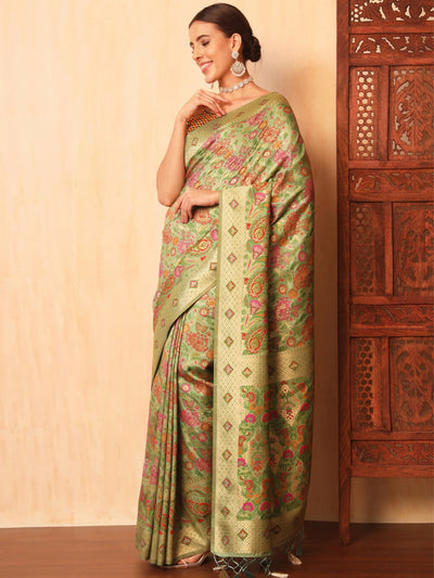 Chhabra 555 Pista Green Khinkhwab Banarasi Brocade Handwoven Traditional Saree with Peacock Pattern