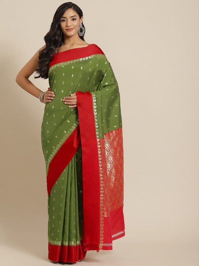 Chhabra 555 Handloom Bengali Style Gadwal Saree With Paisley Motifs & Red Broad Border 
