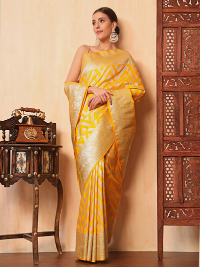 Chhabra 555 Haldi Yellow Kanjeevaram Banarasi Silk Handwoven Saree with Contemporary Chevron pattern