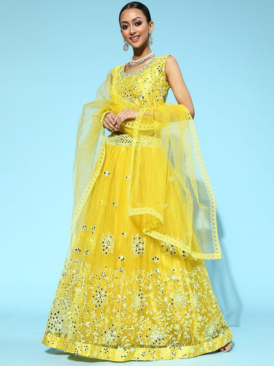 Chhabra 555 Made to Measure Lemon Yellow Flared Lehanga Set with Mirror and Resham Embroidery