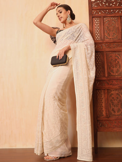 Chhabra 555 White Resham Lucknow Embroidery & Swarovski Embellished Georgette Saree