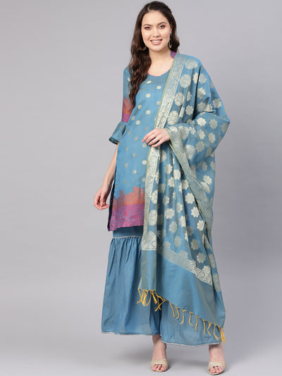 Chhabra 555 Turquoise Banarasi Handloom Dress Material with Zari Resham Weaving and Tassled dupatta