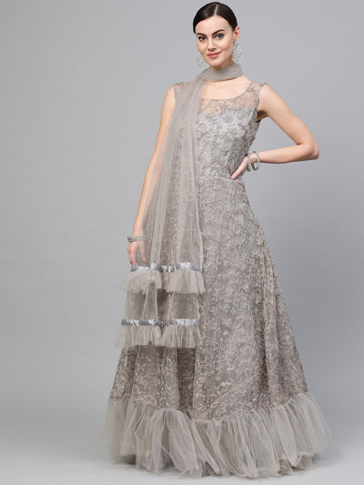 Chhabra 555 Grey Anarkali Cocktail Gown with all over Resham embroidery, pearl embellishments and Ruffled dupatta