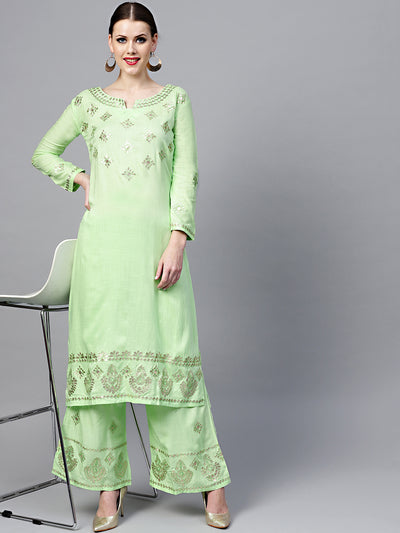 Chhabra 555 Lime Green Made-to-Measure Kurta with Gotta Patti, Resham Embroidery and Palazzo
