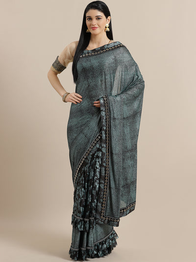 Chhabra 555 Ruffled French Crepe Embossed Saree with Frills and Oxidized Bead Work